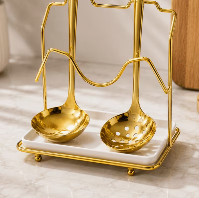 Modern Metal Spoon Holder with Removable Ceramic Drip Tray – Countertop Kitchen Utensil Organizer