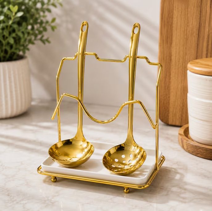 Modern Metal Spoon Holder with Removable Ceramic Drip Tray – Countertop Kitchen Utensil Organizer