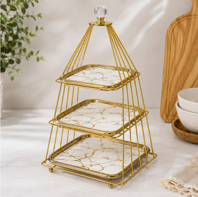3-Tier Marble Ceramic Cake Stand with Gold Metal Frame – Dessert Display Stand for Cupcakes, Pastries, Fruit & Afternoon Tea