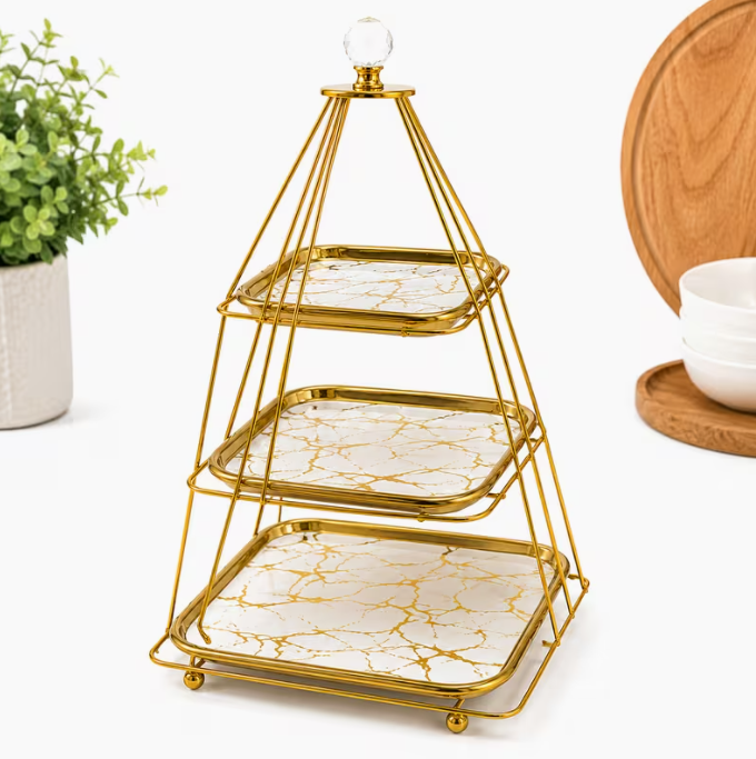 3-Tier Marble Ceramic Cake Stand with Gold Metal Frame – Dessert Display Stand for Cupcakes, Pastries, Fruit & Afternoon Tea