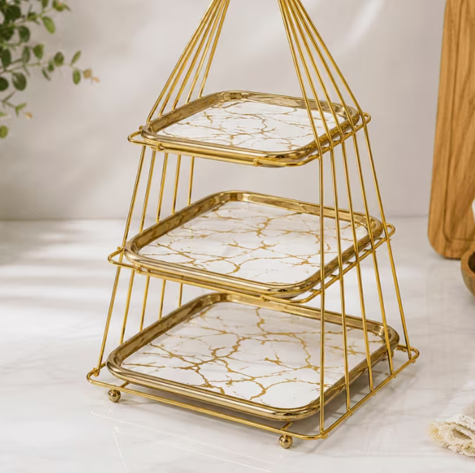 3-Tier Marble Ceramic Cake Stand with Gold Metal Frame – Dessert Display Stand for Cupcakes, Pastries, Fruit & Afternoon Tea