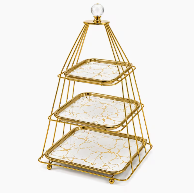 3-Tier Marble Pattern Dessert Stand with Gold Metal Frame – Elegant Cupcake, Cake & Serving Display Stand