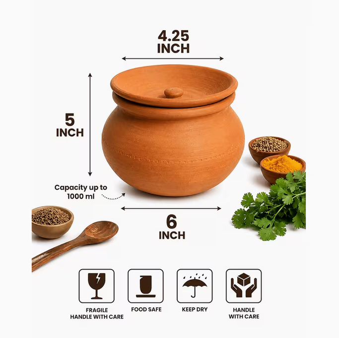 Terracotta Clay Pot with Lid, Traditional Earthenware Handi for Serving 1-Piece