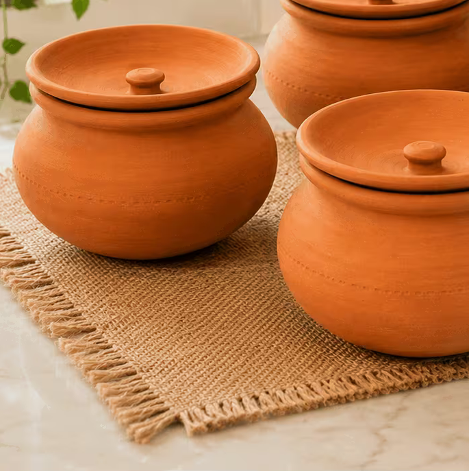 Terracotta Clay Pot with Lid, Traditional Earthenware Handi for Serving 2-Piece Set
