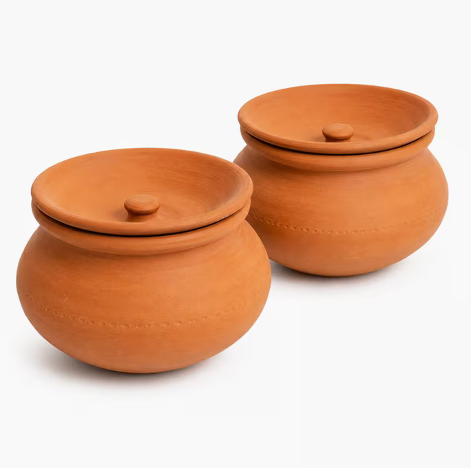 Terracotta Clay Pot with Lid, Traditional Earthenware Handi for Serving 2-Piece Set