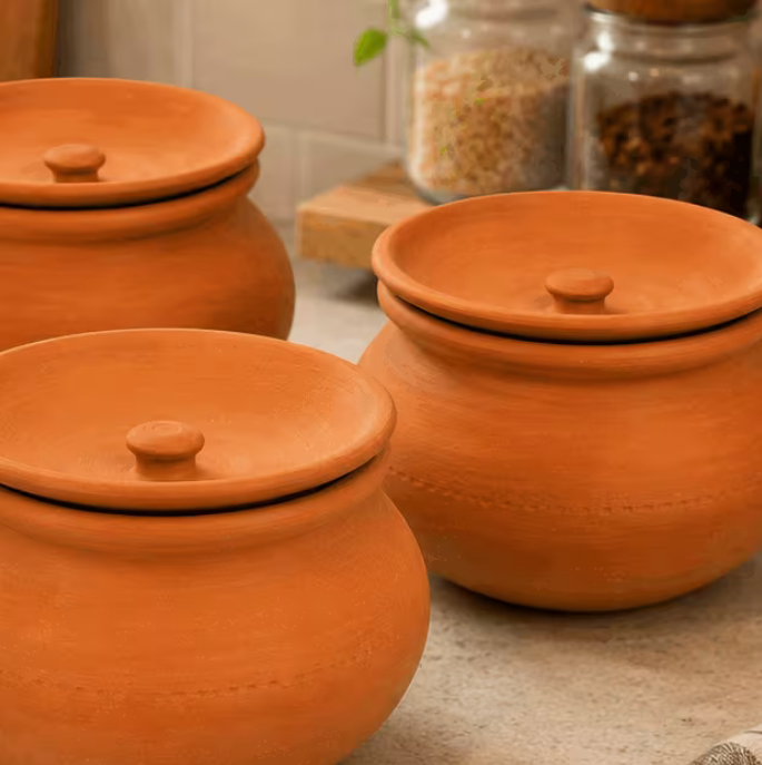 Terracotta Clay Pot with Lid, Traditional Earthenware Handi for Serving 3-Piece Set