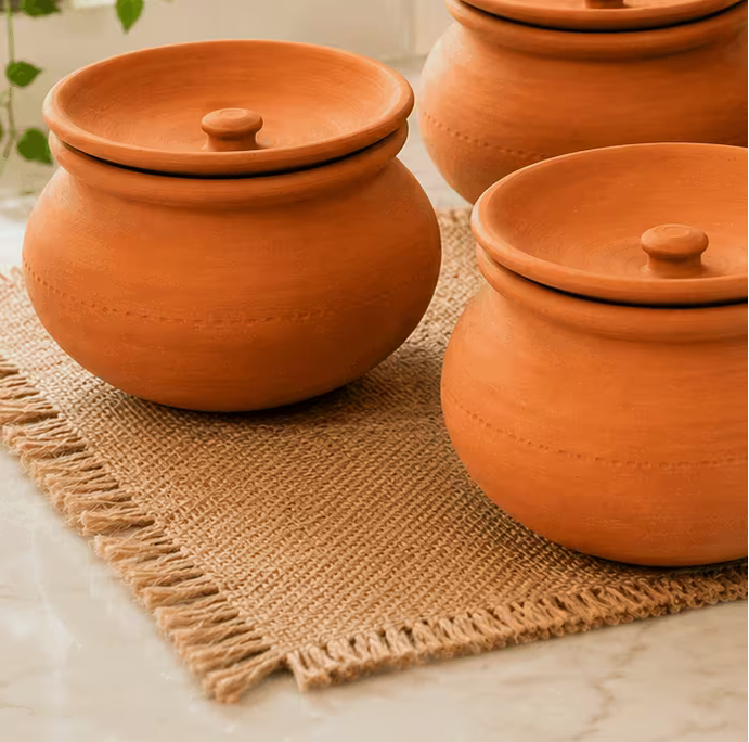 Terracotta Clay Pot with Lid, Traditional Earthenware Handi for Serving 3-Piece Set