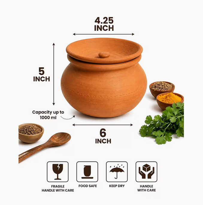 Terracotta Clay Pot with Lid, Traditional Earthenware Handi for Serving 3-Piece Set