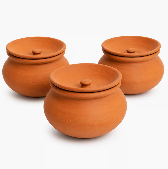 Terracotta Clay Pot with Lid, Traditional Earthenware Handi for Serving 3-Piece Set