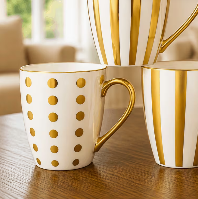 4-Piece White and Gold Ceramic Coffee Mug Set, Mixed Striped and Polka Dot Designs with Gold Handles, Elegant Tea Cups for Coffee, Milk, Hot Chocolate, Home and Gift Use