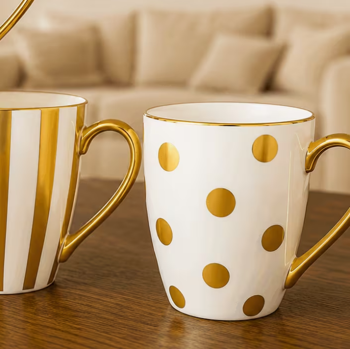 4-Piece White and Gold Ceramic Coffee Mug Set, Mixed Striped and Polka Dot Designs with Gold Handles, Elegant Tea Cups for Coffee, Milk, Hot Chocolate, Home and Gift Use