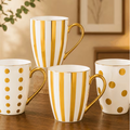 4-Piece White and Gold Ceramic Coffee Mug Set, Mixed Striped and Polka Dot Designs with Gold Handles, Elegant Tea Cups for Coffee, Milk, Hot Chocolate, Home and Gift Use