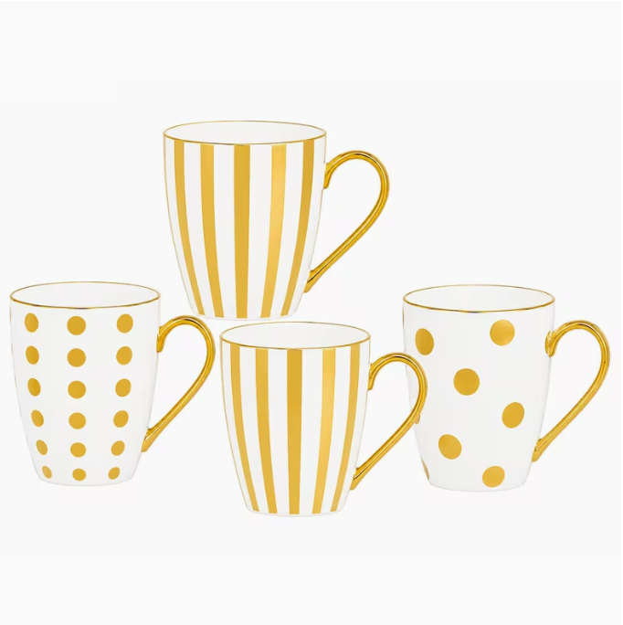 4-Piece White and Gold Ceramic Coffee Mug Set, Mixed Striped and Polka Dot Designs with Gold Handles, Elegant Tea Cups for Coffee, Milk, Hot Chocolate, Home and Gift Use