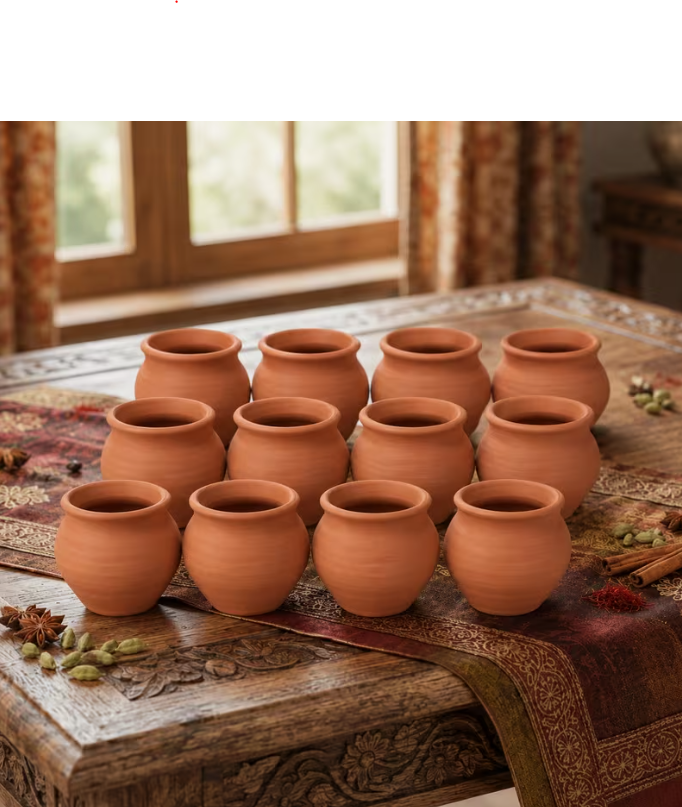 12-Pack Terracotta Clay Cups, 200ml Traditional Kulhad Tea Cups, Reusable Earthenware Matka-Style Drinking Cups for Tea, Coffee, Lassi, Desserts and Parties
