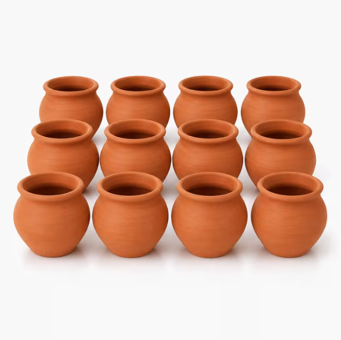 12-Pack Terracotta Clay Cups, 200ml Traditional Kulhad Tea Cups, Reusable Earthenware Matka-Style Drinking Cups for Tea, Coffee, Lassi, Desserts and Parties
