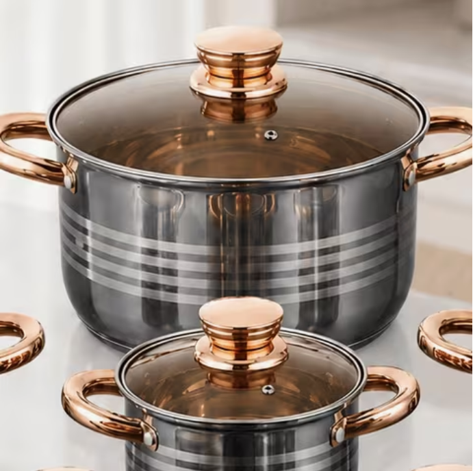 12pcs Stainless Steel Induction Cookware Set with Glass Lids, Rose Gold-Tone Handles, Stockpot, Casseroles, Frying Pan and Saucepan for Gas, Electric and Induction Hobs