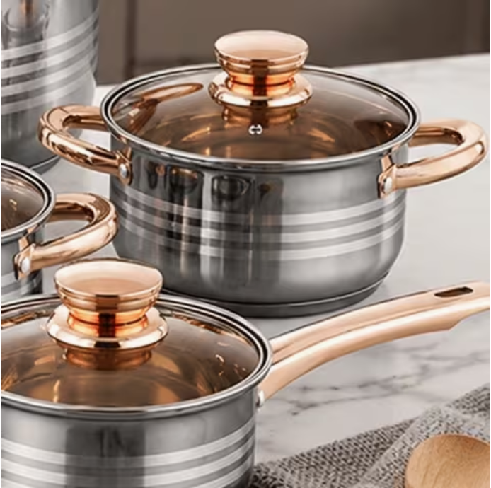 12pcs Stainless Steel Induction Cookware Set with Glass Lids, Rose Gold-Tone Handles, Stockpot, Casseroles, Frying Pan and Saucepan for Gas, Electric and Induction Hobs