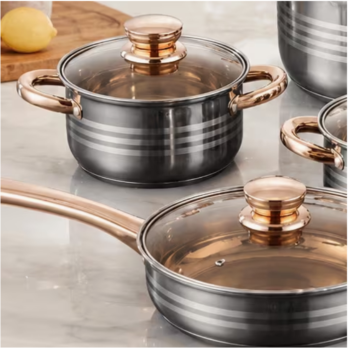 12pcs Stainless Steel Induction Cookware Set with Glass Lids, Rose Gold-Tone Handles, Stockpot, Casseroles, Frying Pan and Saucepan for Gas, Electric and Induction Hobs