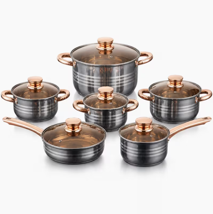 12pcs Stainless Steel Induction Cookware Set with Glass Lids, Rose Gold-Tone Handles, Stockpot, Casseroles, Frying Pan and Saucepan for Gas, Electric and Induction Hobs
