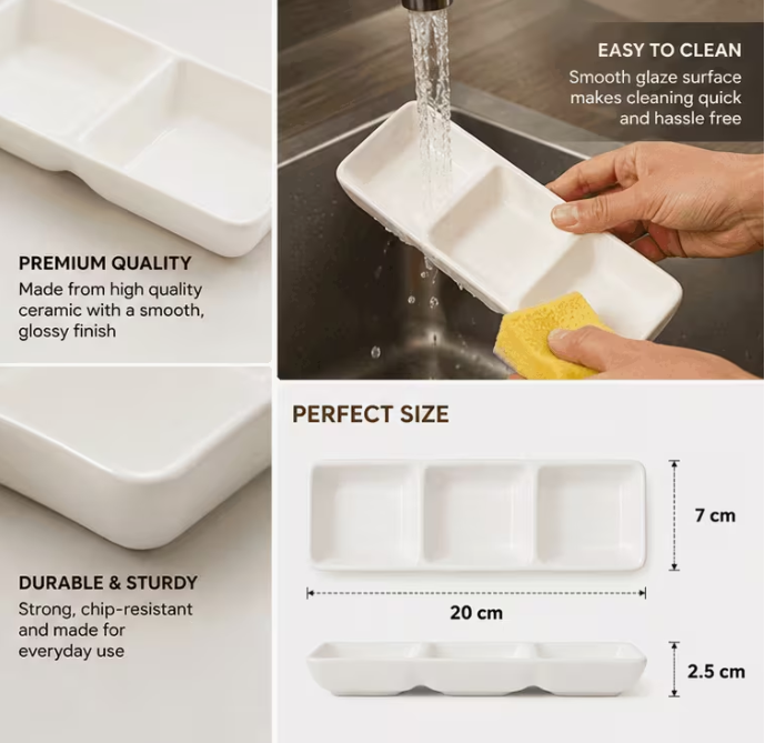 Set of 4 White Ceramic Triple Compartment Serving Trays, 20 × 7 × 2.5cm Divided Dishes for Sauces, Dips, Snacks, Chutneys and Condiments