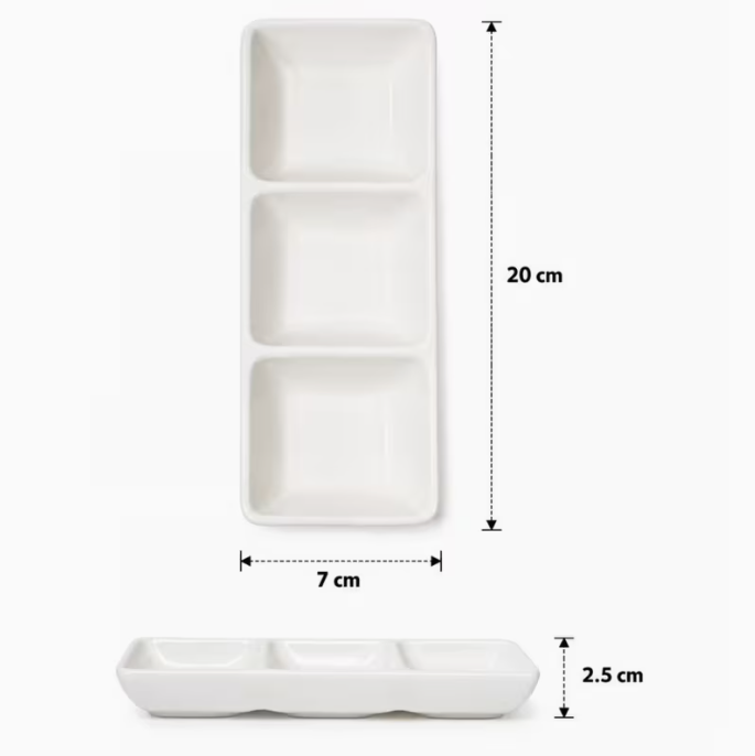 Set of 4 White Ceramic Triple Compartment Serving Trays, 20 × 7 × 2.5cm Divided Dishes for Sauces, Dips, Snacks, Chutneys and Condiments