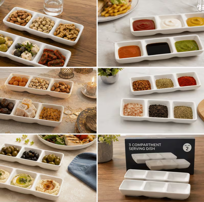 Set of 4 White Ceramic Triple Compartment Serving Trays, 20 × 7 × 2.5cm Divided Dishes for Sauces, Dips, Snacks, Chutneys and Condiments
