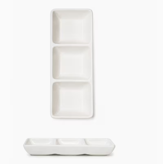 Set of 4 White Ceramic Triple Compartment Serving Trays, 20 × 7 × 2.5cm Divided Dishes for Sauces, Dips, Snacks, Chutneys and Condiments