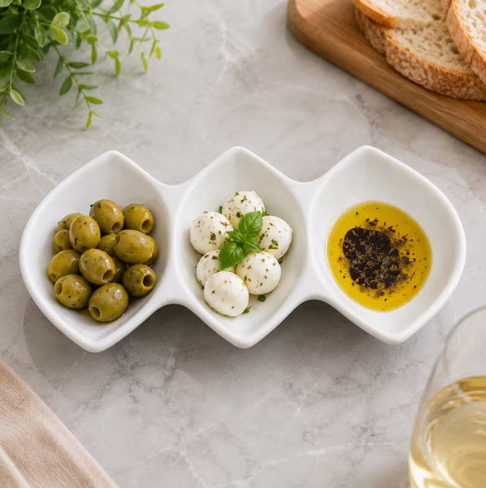 Set of 4 White Ceramic Triple Compartment Serving Trays, 11-Inch Leaf-Shaped Divided Dishes for Dips, Sauces, Chutneys 27.9 × 12.7 × 3cm Each