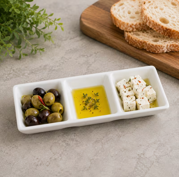 Set of 4 White Ceramic Triple Compartment Serving Trays, 8-Inch Rectangular Divided Dishes for Sauces, Dips, Chutneys, Snacks and Condiments, 20 × 7 × 2.5cm Each