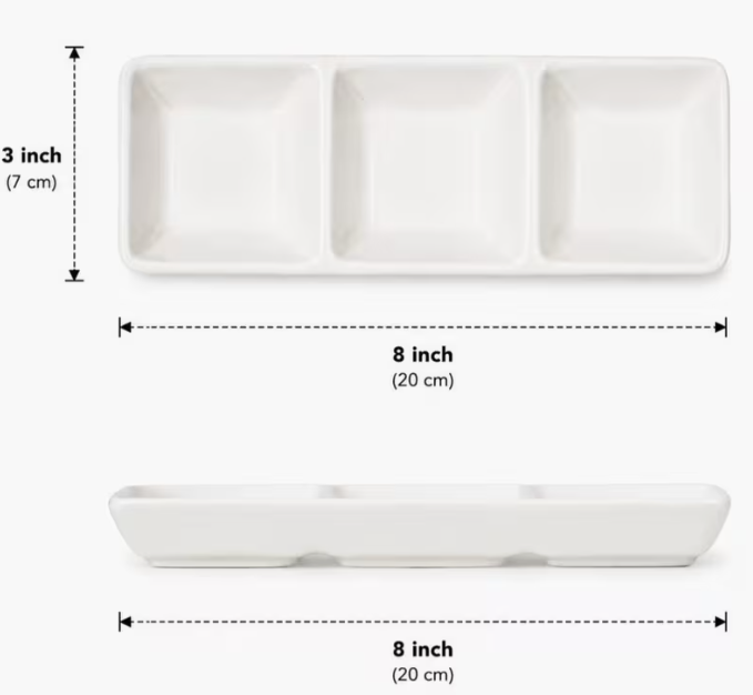 Set of 4 White Ceramic Triple Compartment Serving Trays, 8-Inch Rectangular Divided Dishes for Sauces, Dips, Chutneys, Snacks and Condiments, 20 × 7 × 2.5cm Each
