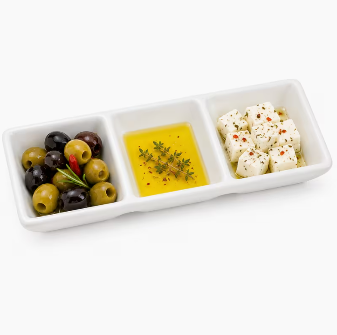 Set of 4 White Ceramic Triple Compartment Serving Trays, 8-Inch Rectangular Divided Dishes for Sauces, Dips, Chutneys, Snacks and Condiments, 20 × 7 × 2.5cm Each