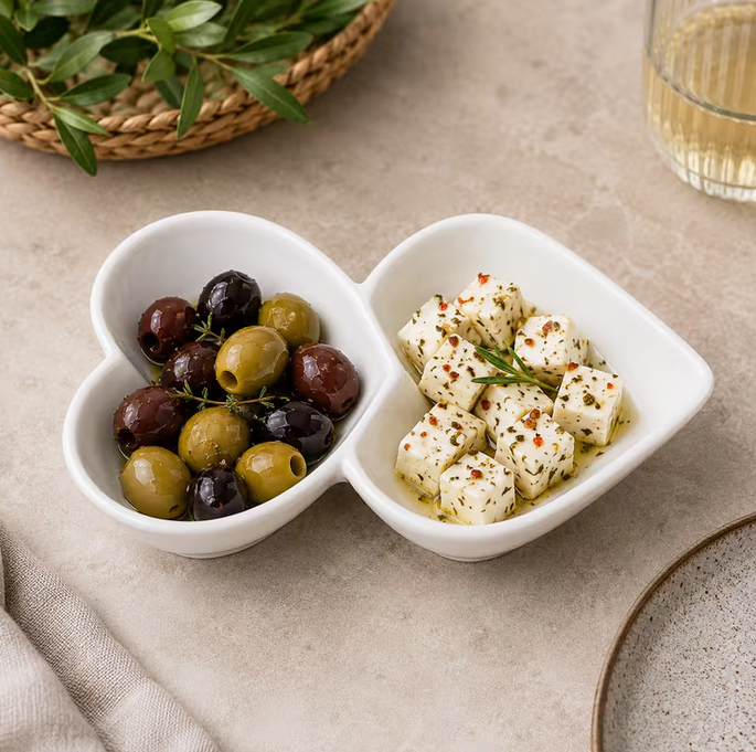 Set of 4 White Ceramic Double Compartment Serving Dishes, 8-Inch Heart-Shaped Divided Trays for Sauces, Dips, Chutneys, Snacks and Appetisers, 20.3 × 12.7 × 2.5cm Each