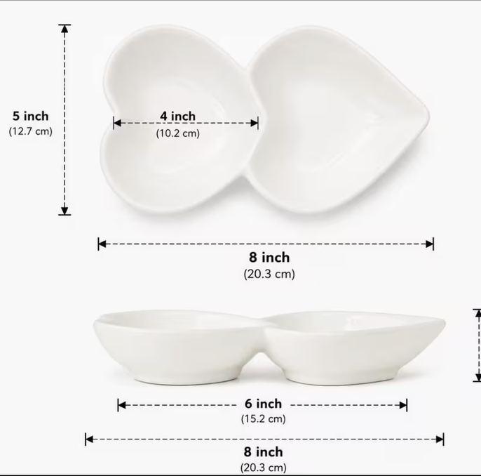 Set of 4 White Ceramic Double Compartment Serving Dishes, 8-Inch Heart-Shaped Divided Trays for Sauces, Dips, Chutneys, Snacks and Appetisers, 20.3 × 12.7 × 2.5cm Each