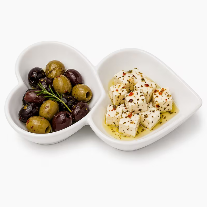 Set of 4 White Ceramic Double Compartment Serving Dishes, 8-Inch Heart-Shaped Divided Trays for Sauces, Dips, Chutneys, Snacks and Appetisers, 20.3 × 12.7 × 2.5cm Each