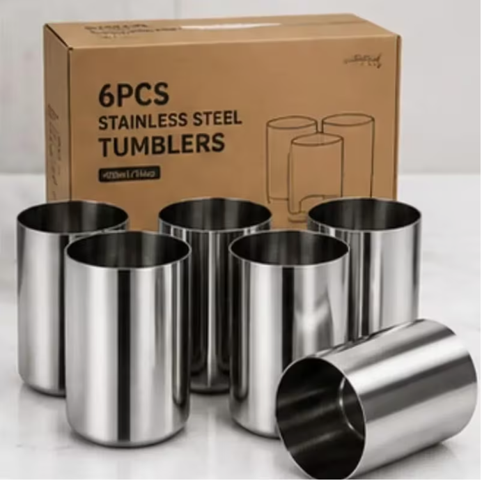 Stainless Steel Drinking Tumblers, 410ML Reusable Metal Cups 6-Pack for Water, Juice, Milk, Picnics, Camping, Parties and Kitchen Use