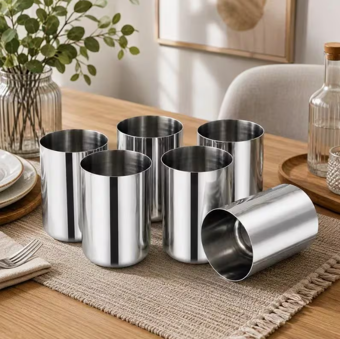 Stainless Steel Drinking Tumblers, 410ML Reusable Metal Cups 6-Pack for Water, Juice, Milk, Picnics, Camping, Parties and Kitchen Use