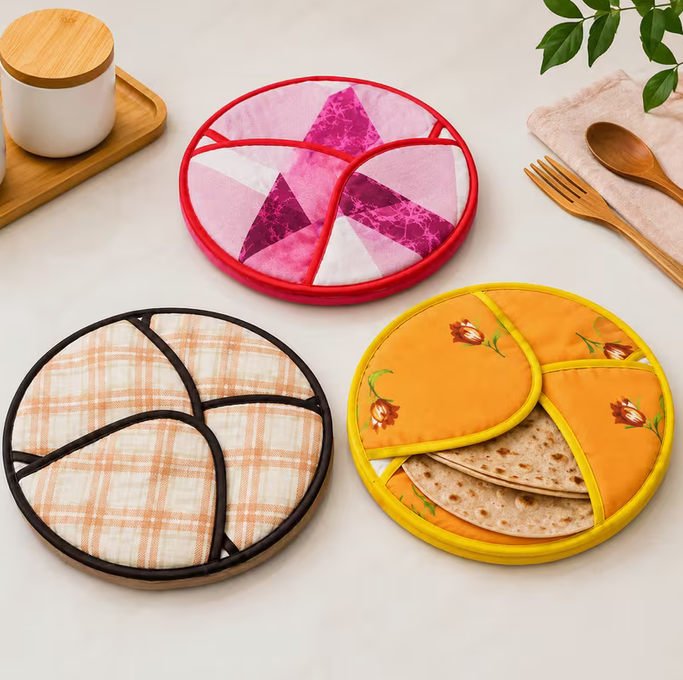 4-Pack Round Fabric Roti Warmer with Inner Cover – Insulated Chapati & Tortilla Storage Holder (Multicolour)