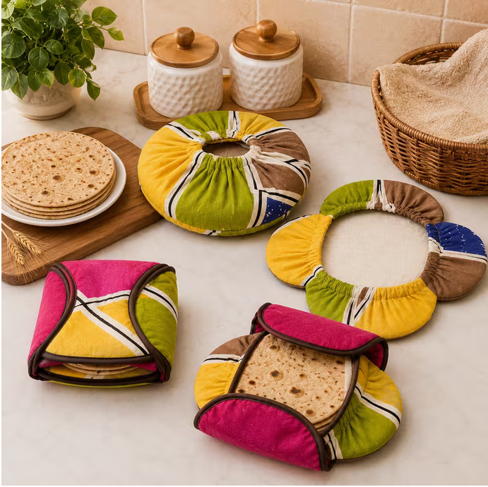 4-Pack Round Fabric Roti Warmer with Inner Cover – Insulated Chapati & Tortilla Storage Holder (Multicolour)