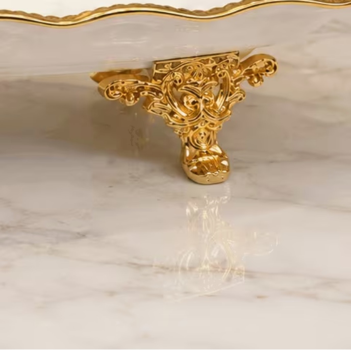 12 Inch Luxury Ceramic Vanity Tray with Gold Metal Handles & Decorative Feet | Floral Serving Display Tray | White Porcelain Home Decor