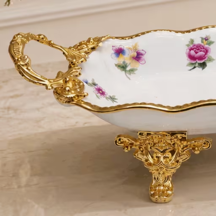 12 Inch Luxury Ceramic Vanity Tray with Gold Metal Handles & Decorative Feet | Floral Serving Display Tray | White Porcelain Home Decor
