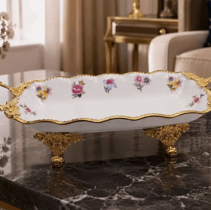 12 Inch Luxury Ceramic Vanity Tray with Gold Metal Handles & Decorative Feet | Floral Serving Display Tray | White Porcelain Home Decor