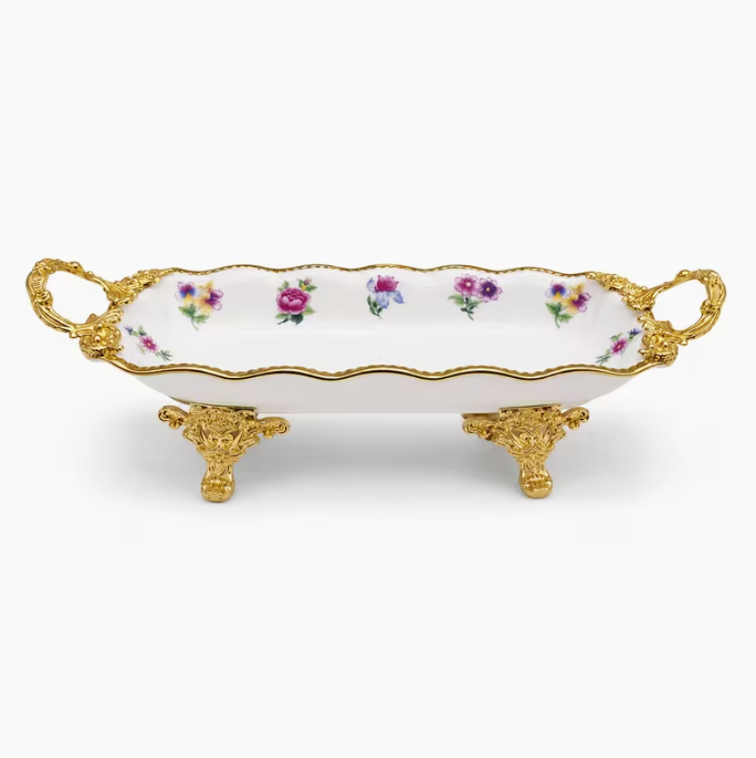 12 Inch Luxury Ceramic Vanity Tray with Gold Metal Handles & Decorative Feet | Floral Serving Display Tray | White Porcelain Home Decor