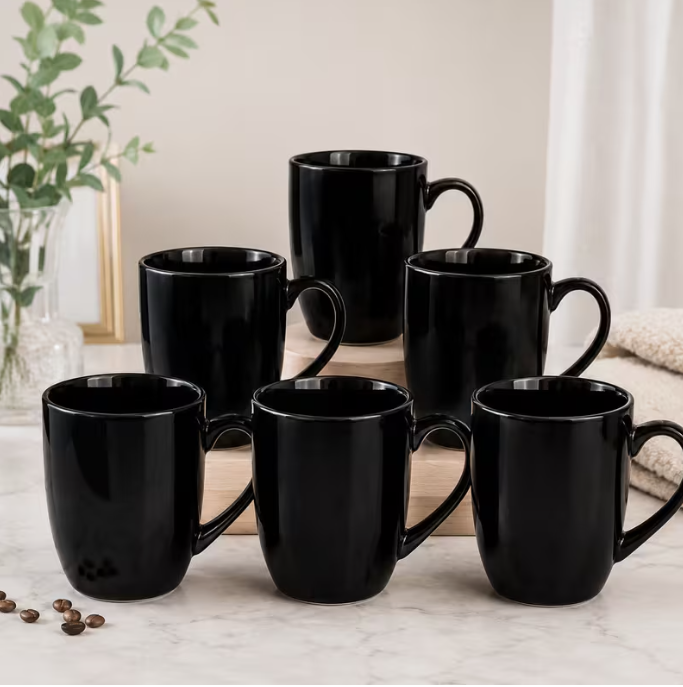 6-Piece Black Ceramic Coffee Mug Set – Modern Tea & Coffee Cups for Home Kitchen Use