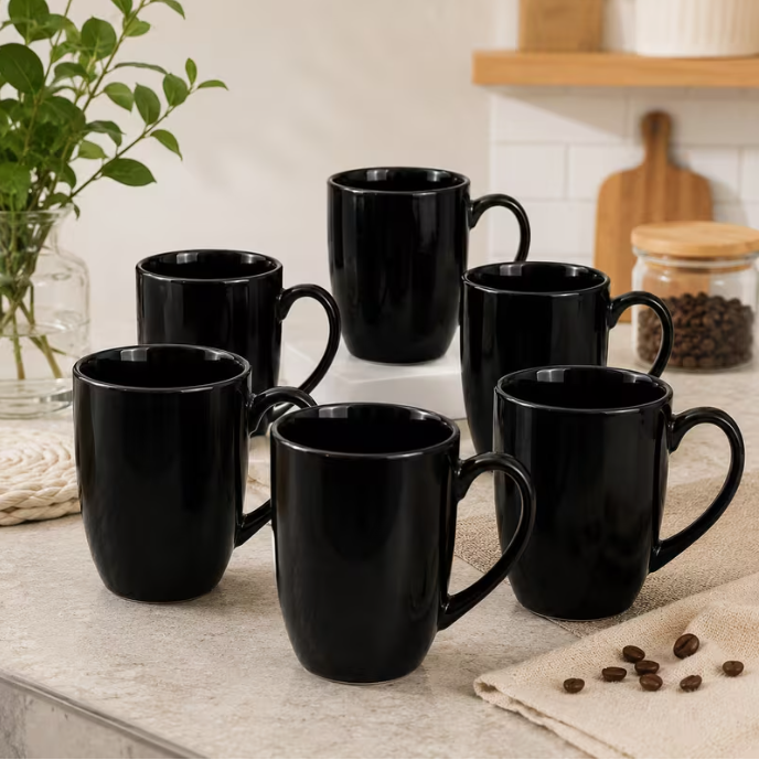 6-Piece Black Ceramic Coffee Mug Set – Modern Tea & Coffee Cups for Home Kitchen Use