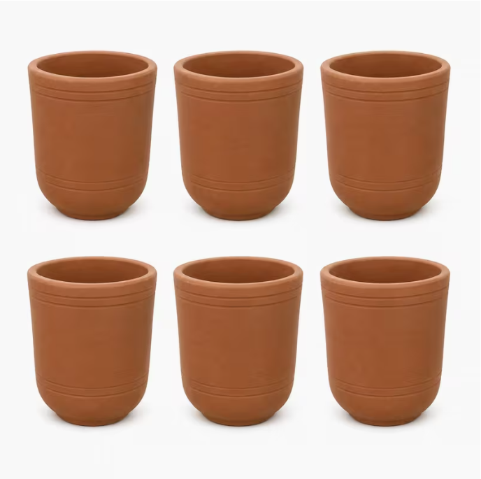 6pcs Handmade Clay Water Tumblers 300ml – Natural Terracotta Drinking Cups with Goblet Base for Water, Juice & Cold Drinks