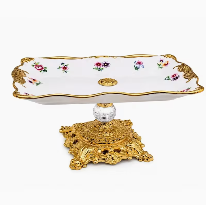 Royal Hampton Vintage Style Square 10" Serving Plate with Gold Metal Handles – Luxury Decorative Serving Tray