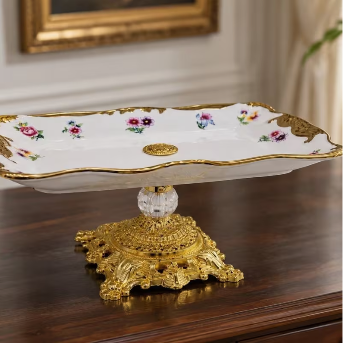 Royal Hampton Vintage Style Square 10" Serving Plate with Gold Metal Handles – Luxury Decorative Serving Tray