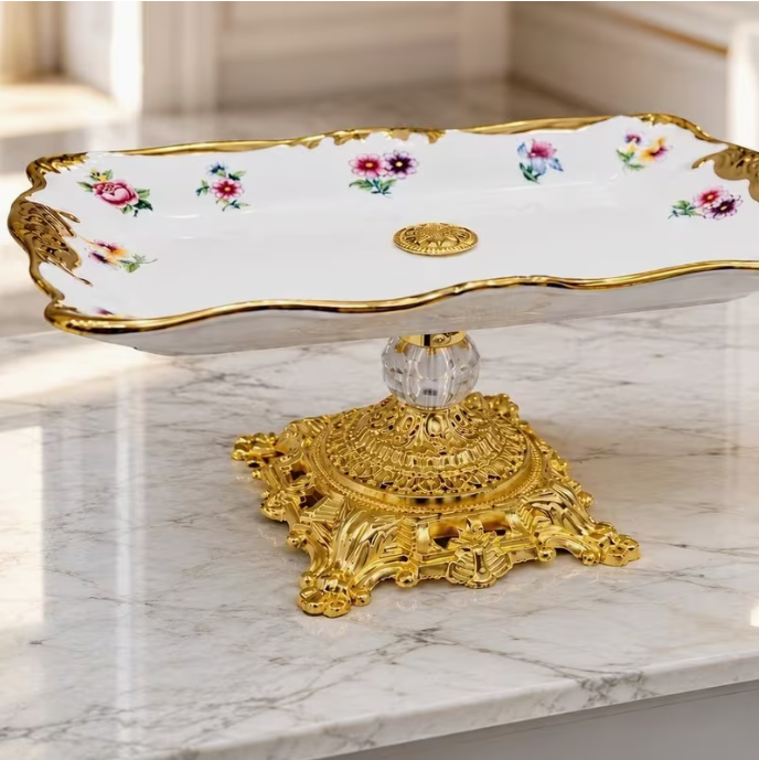 Royal Hampton Vintage Style Square 10" Serving Plate with Gold Metal Handles – Luxury Decorative Serving Tray