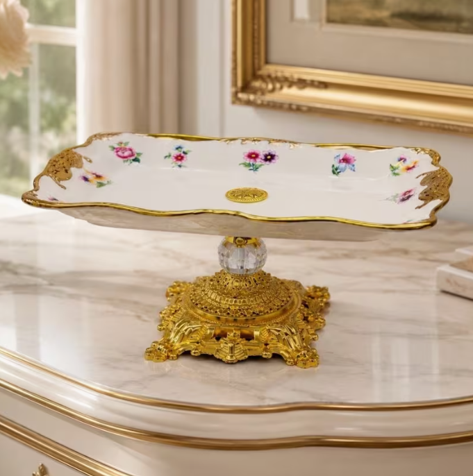 Royal Hampton Vintage Style Square 10" Serving Plate with Gold Metal Handles – Luxury Decorative Serving Tray