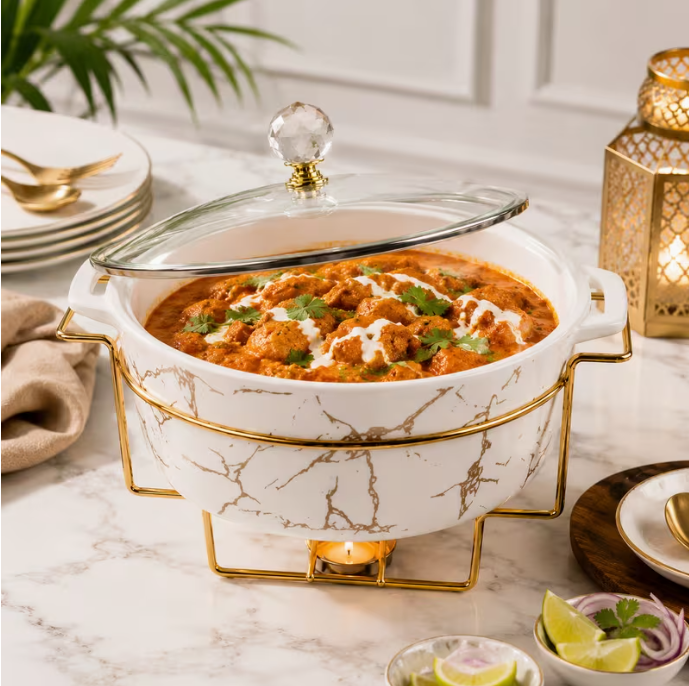 1 Piece Round 2L Ceramic Marble Chafing Dish Food Warmer with Stand – Buffet Serving Dish for Parties & Catering